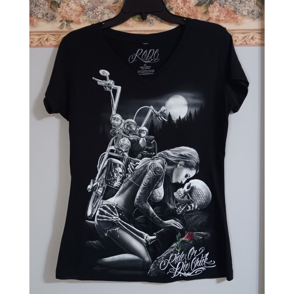 Rode Black XL Ride Or Die Chick Skeleton Biker Casual Outdoor Stretch Top